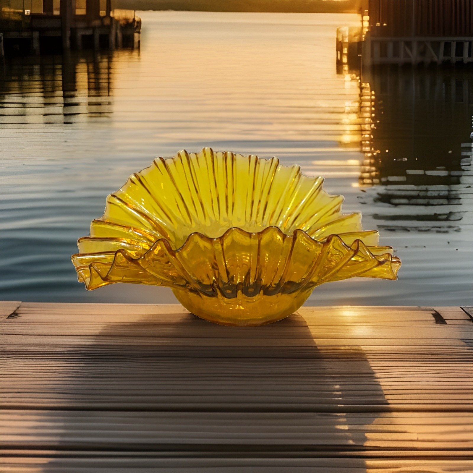 Vintage Blenko #5428 Crimped ArtGlass Bowl MCM Yellow Amber Wayne Husted UV Glow