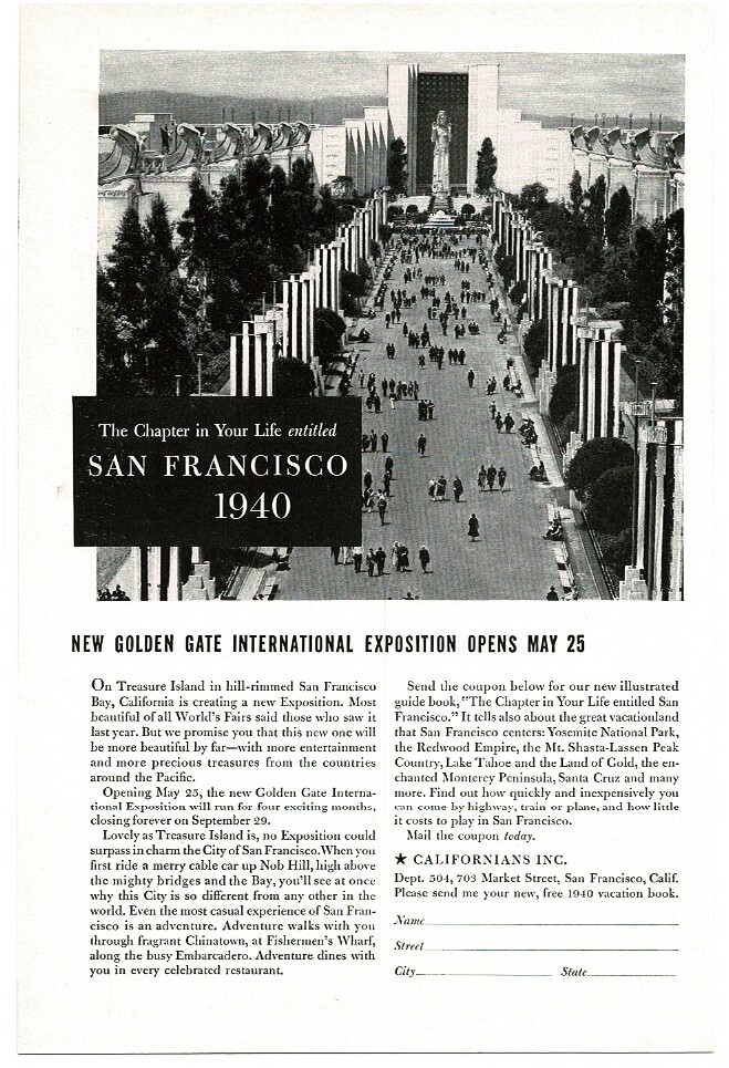 1940 San Francisco World\'s Fair Golden Gate Exposition Vintage Print Ad