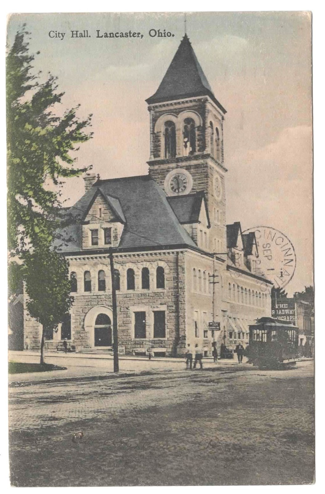 Vtg. 1908 Posted German Postcard City Hall, Lancaster, Ohio with Streetcar
