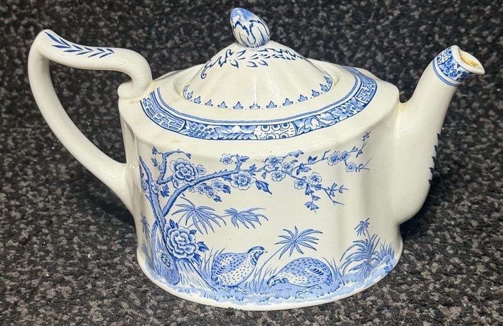 Vintage Furnivals Quail Pattern Blue and White Porcelain Teapot with Lid