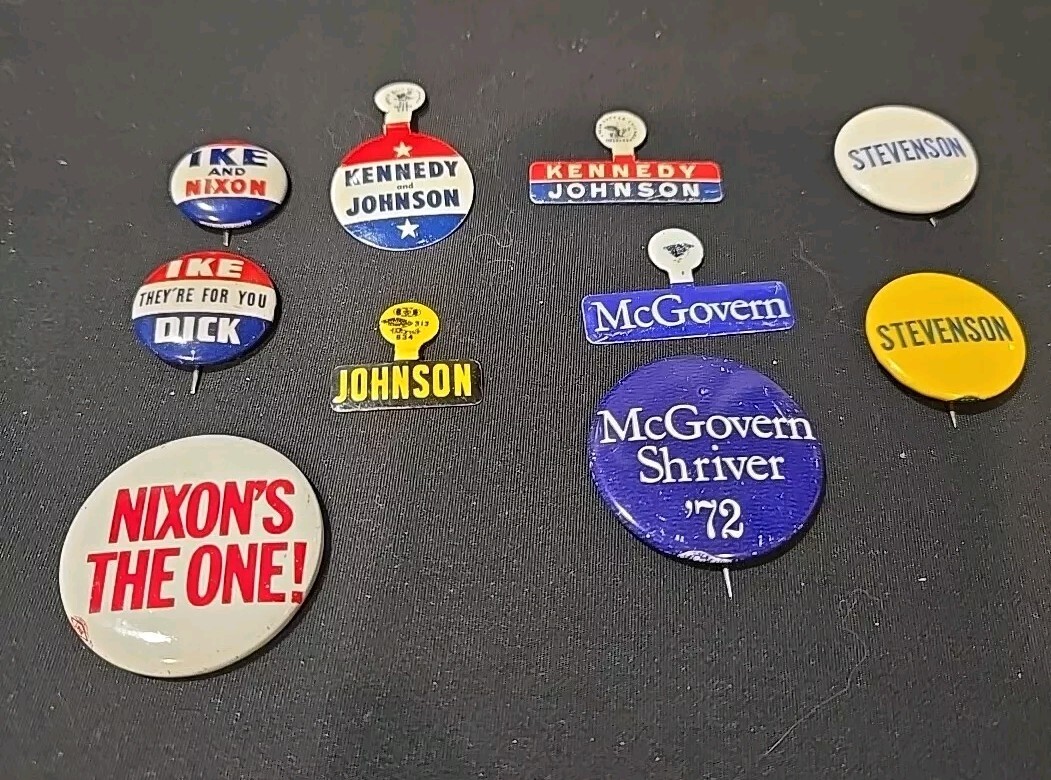 Vintage  Campaign Pinbacks Lot Of 10 - Nixon, Kennedy, Johnson, McGovern, Steven