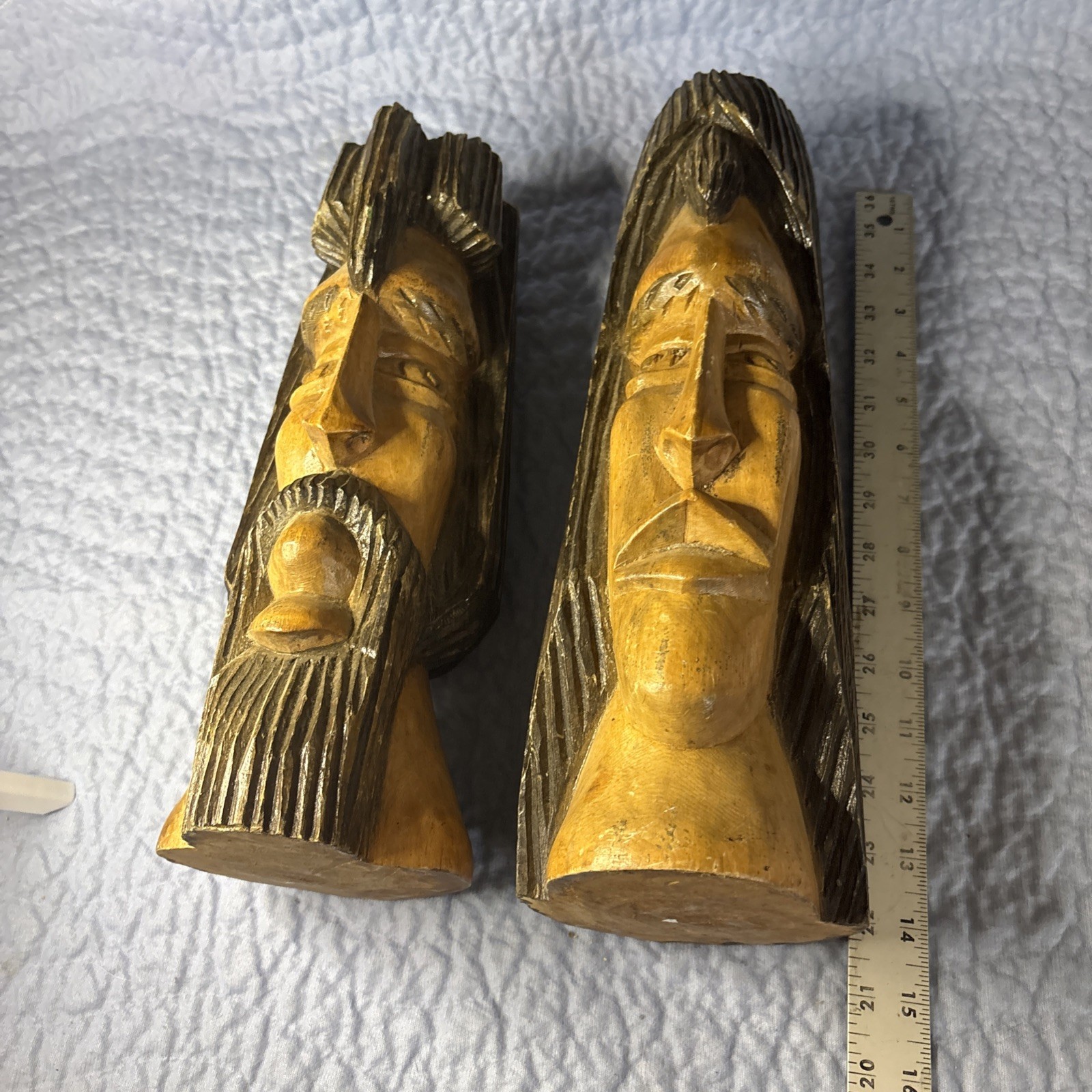Vintage Hand Carved Wood Busts 15”Folk Art Pair King & Queen