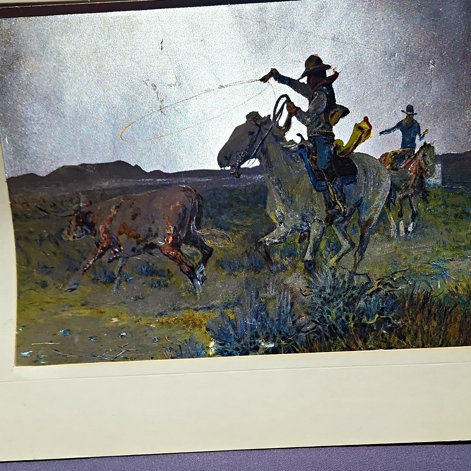 Western Americana Art Print Cowboy on Horseback Roping Cattle