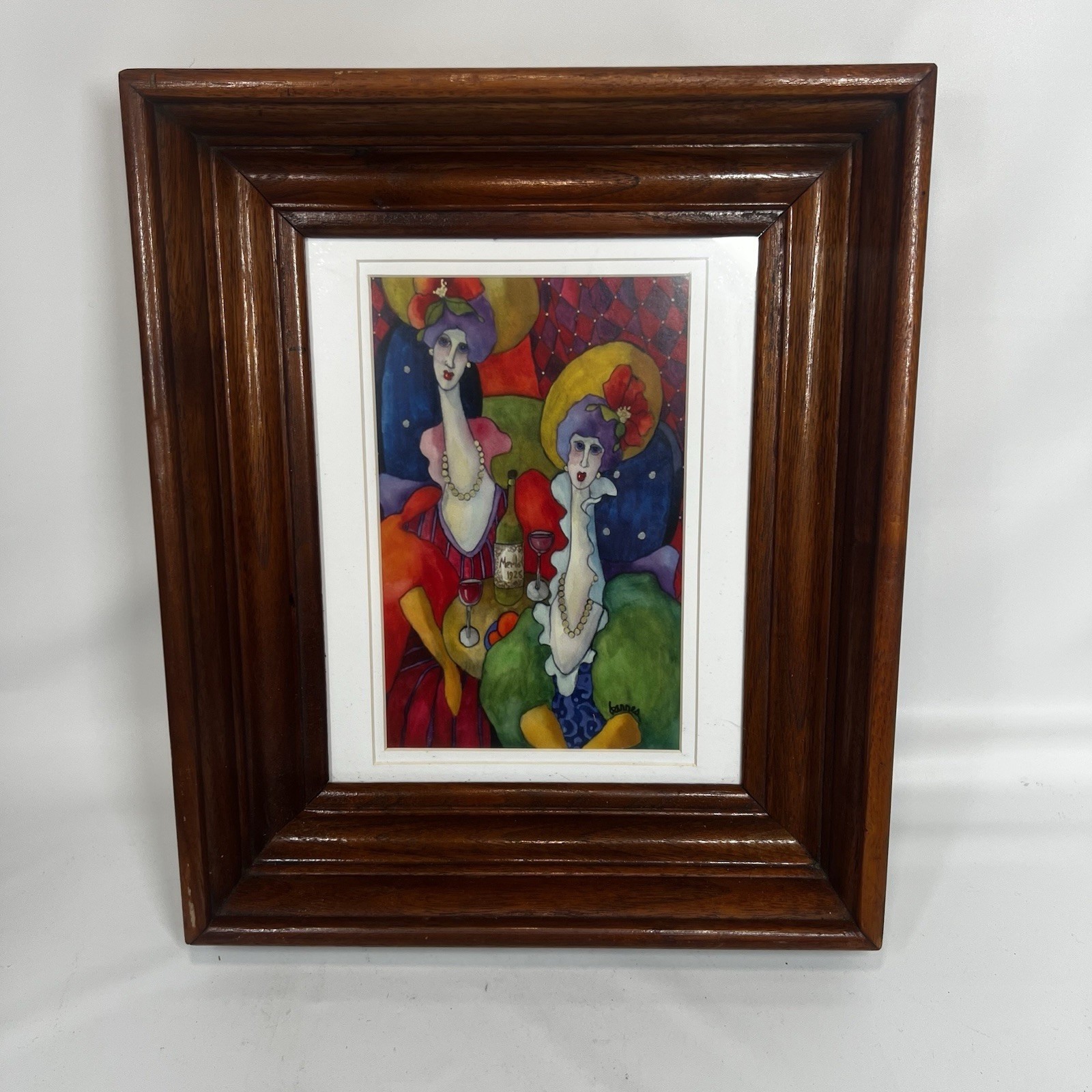 Vintage Colorful Ladies Art Print Solid Oak Deep Shadowbox Frame MCM Style