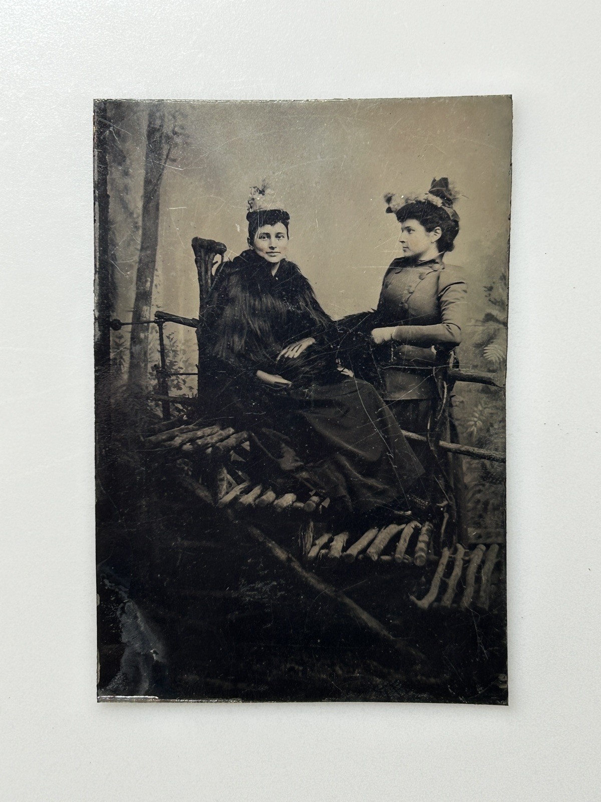Antique Tintype 2 Women Victorian Portrait Hats 1/6 Plate