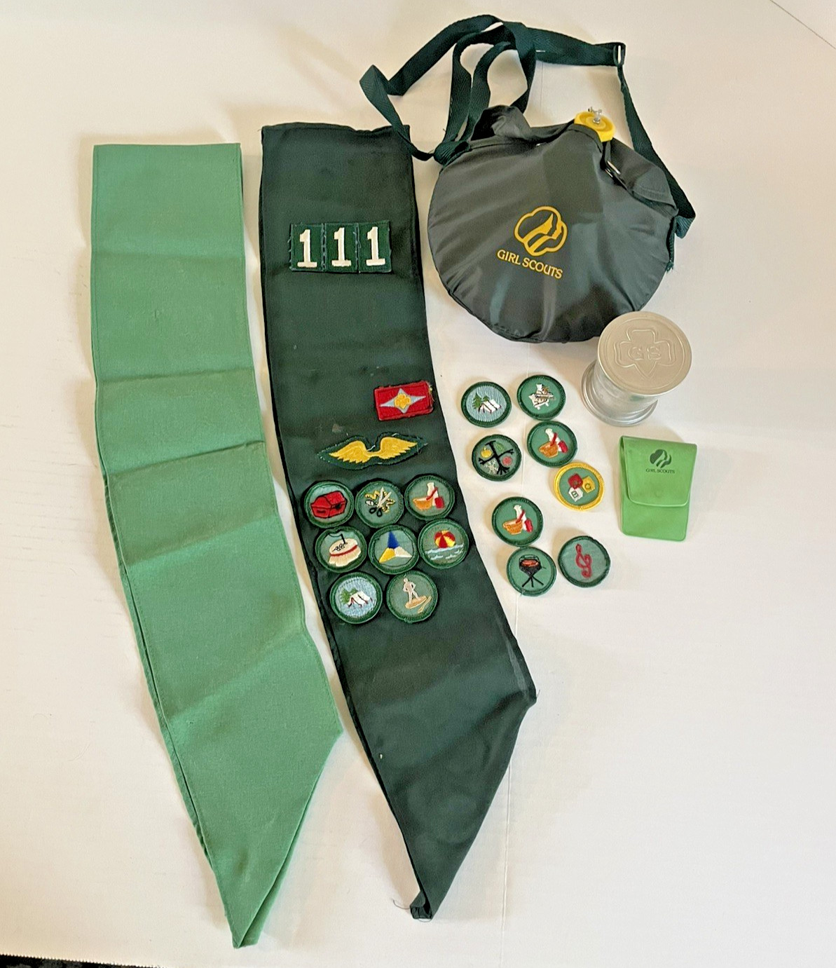Vintage 1960s-1970s Girl Scout Sash Lot - Troop 111 Badges, Canteen, Cup,Scarves