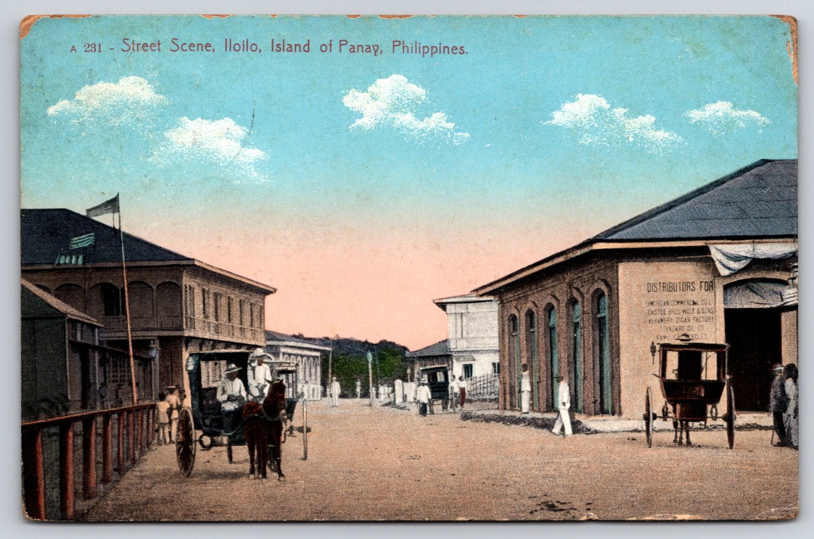 Iloilo Panay Philippines Street Scene Horse Carriages Postcard 1910s Posted