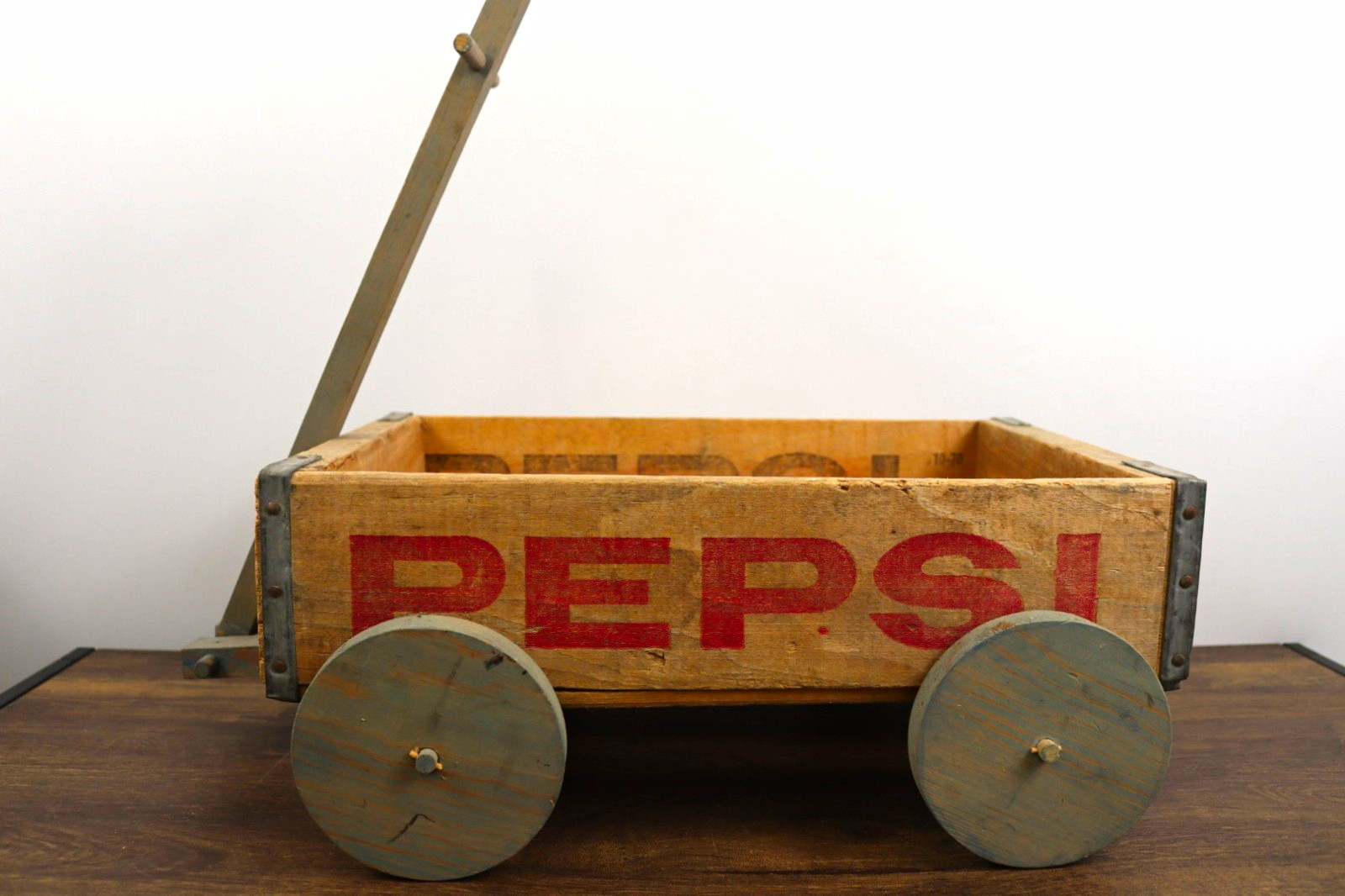 Pepsi Vintage Wooden Soda Advertising Crate Wagon Cart Pull Toy / Folk Art