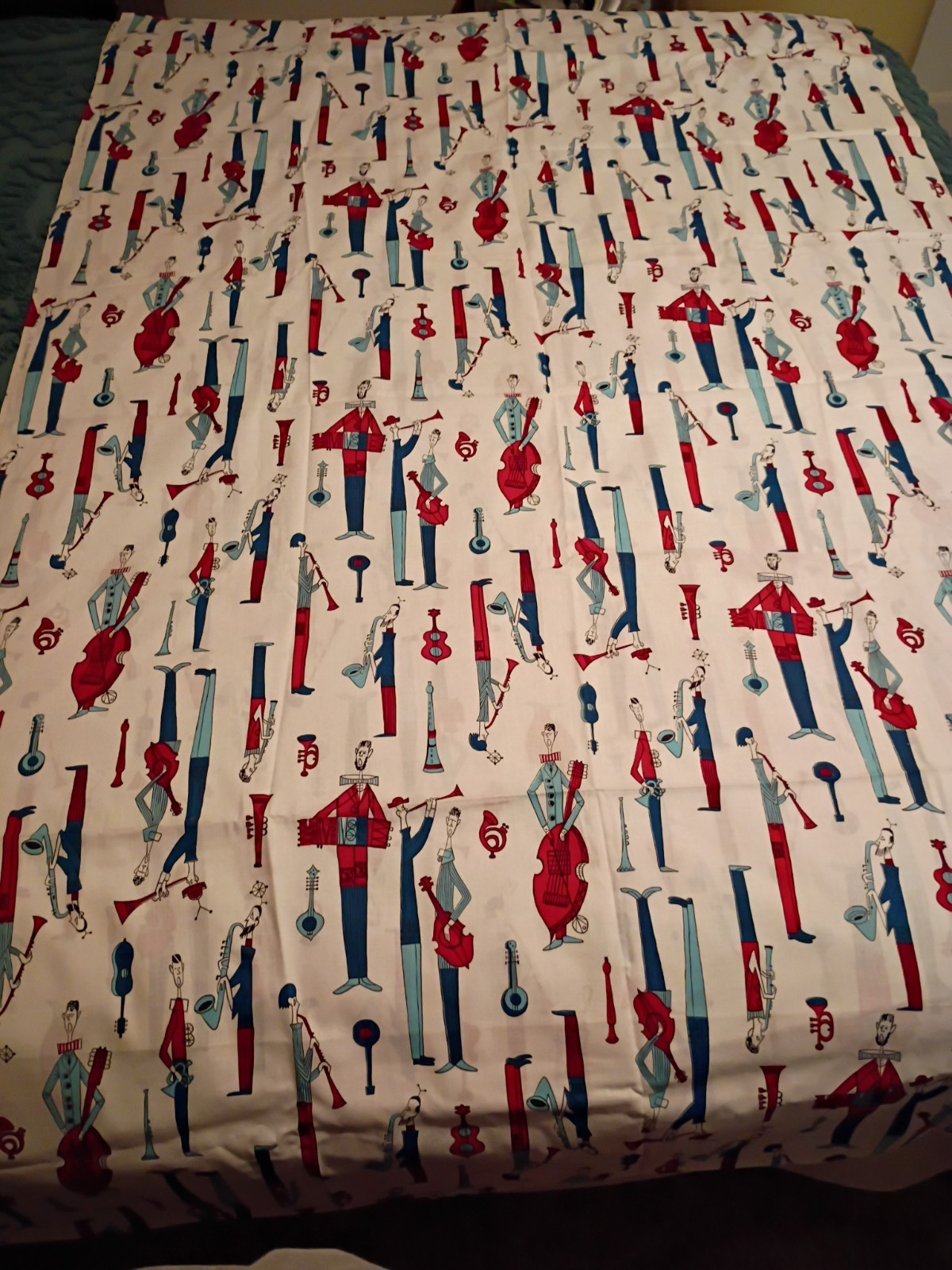 Vintage 70s Cotton Fabric Material Red White Blue Men With Instruments