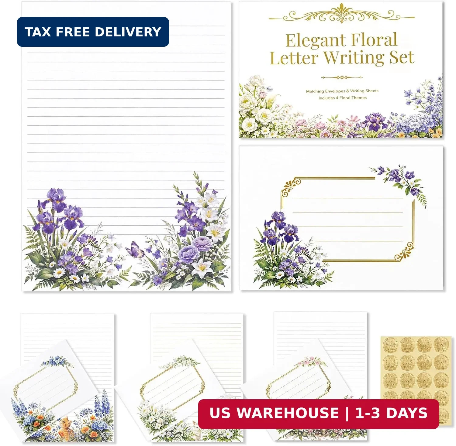 Elegant Floral Stationary Set Letter and Envelopes with 4 Unique Designs, Lined