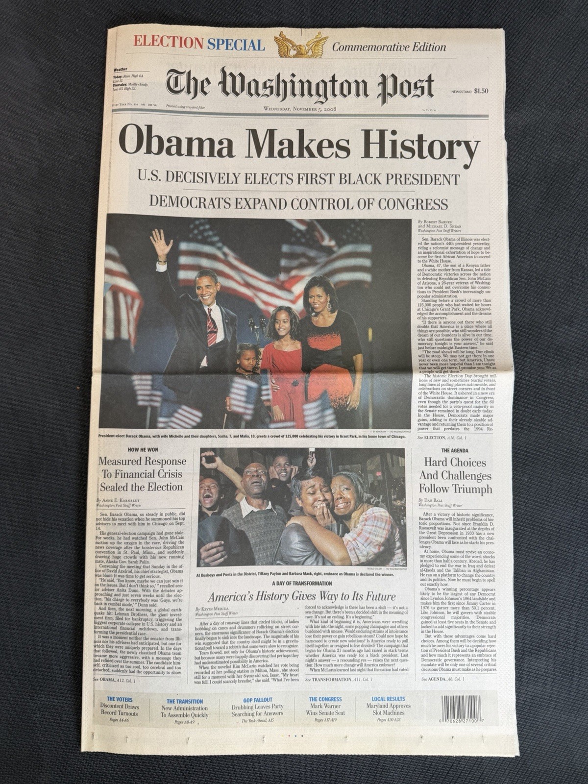President Obama Elected Washington Post Commemorative Newspaper