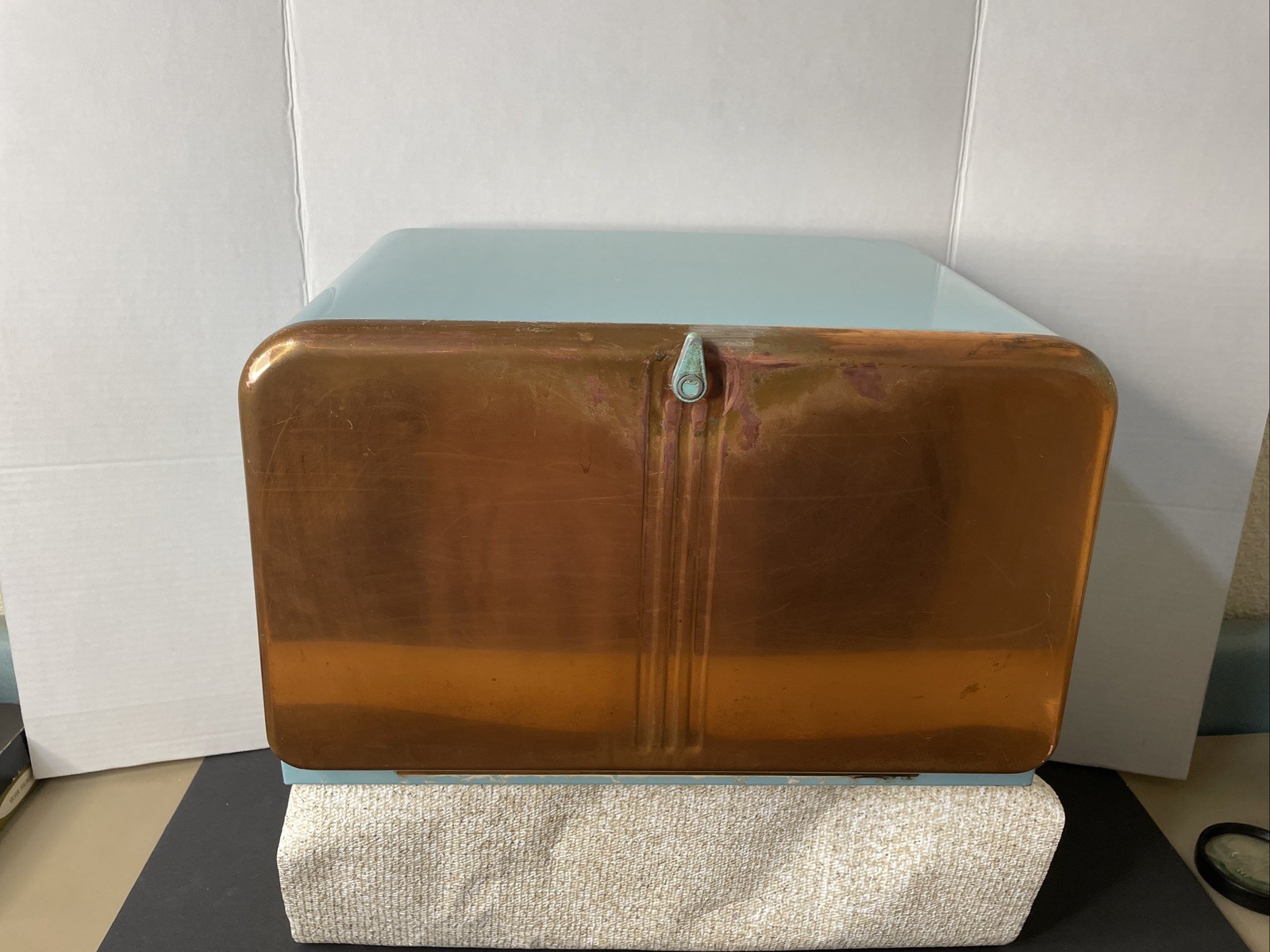 Vintage 1950s Mid Century Turquoise & Copper Beauty Box Metal Kitchen Bread Box