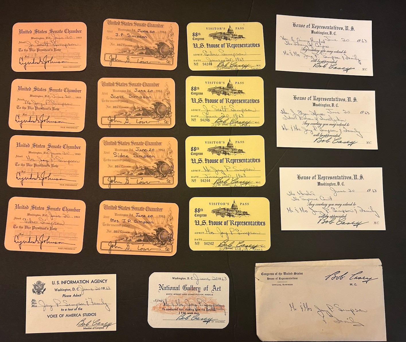 Rare Vintage Lot Senate Chamber Visitors Passes Washington DC LBJ Tower Casey TX