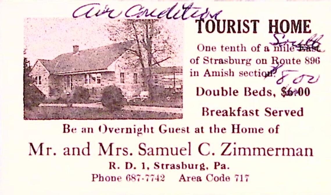 Strasburg PA Tourist Home Mr & Mrs Samuel C Zimmerman Amish Section Ad Card