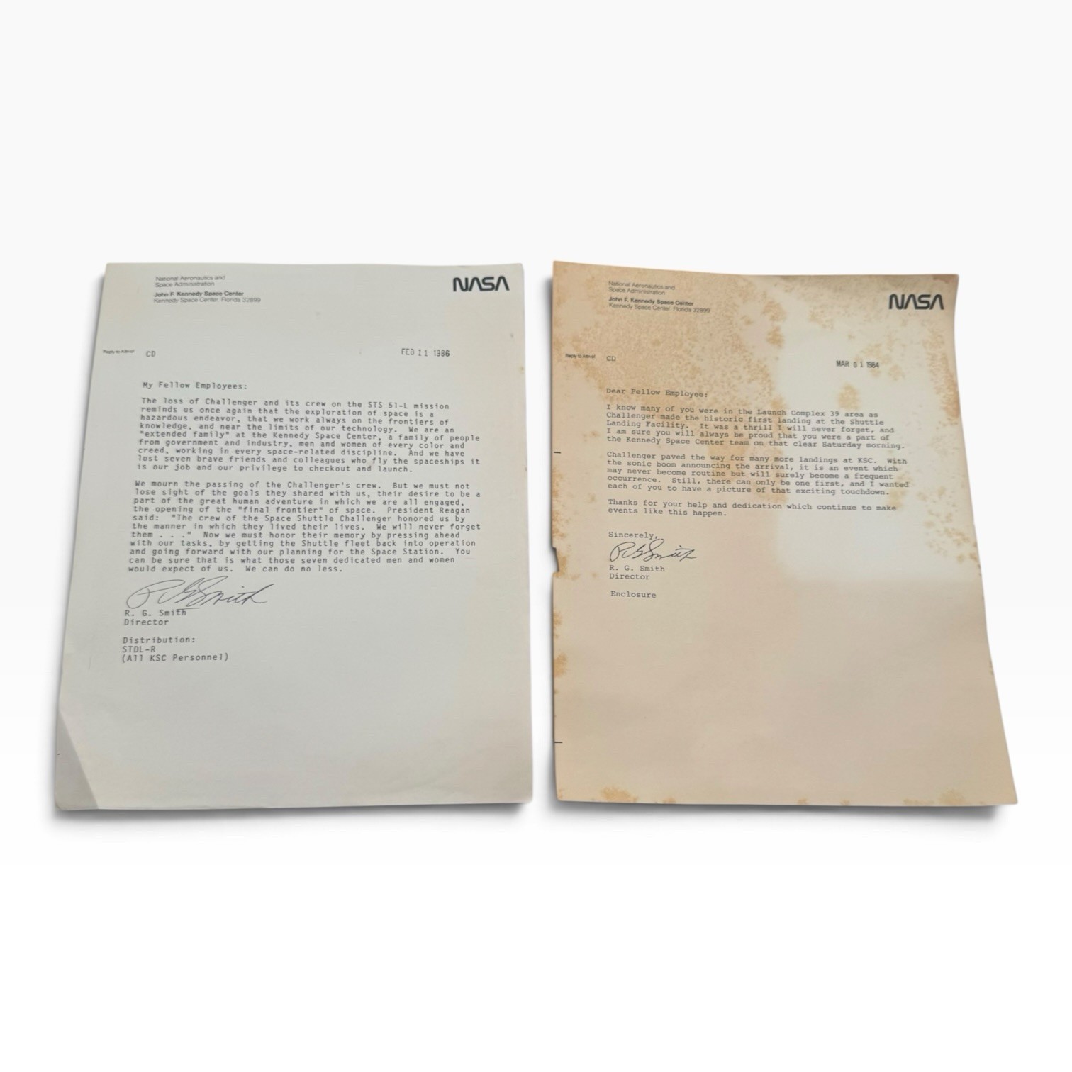NASA STS-51L Letter Director Smith Employees Challenger loss 1986 SPACE SHUTTLE 