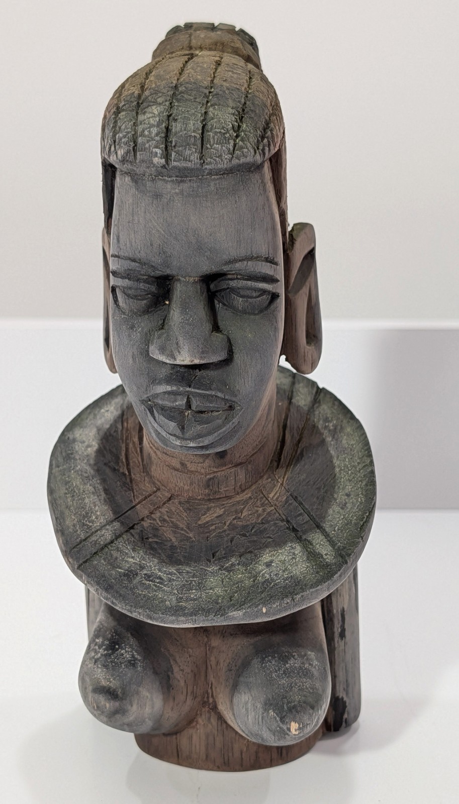 Vintage East African Woman Hand Carved Wood Bust Maasai Style Folk Art 8.5in