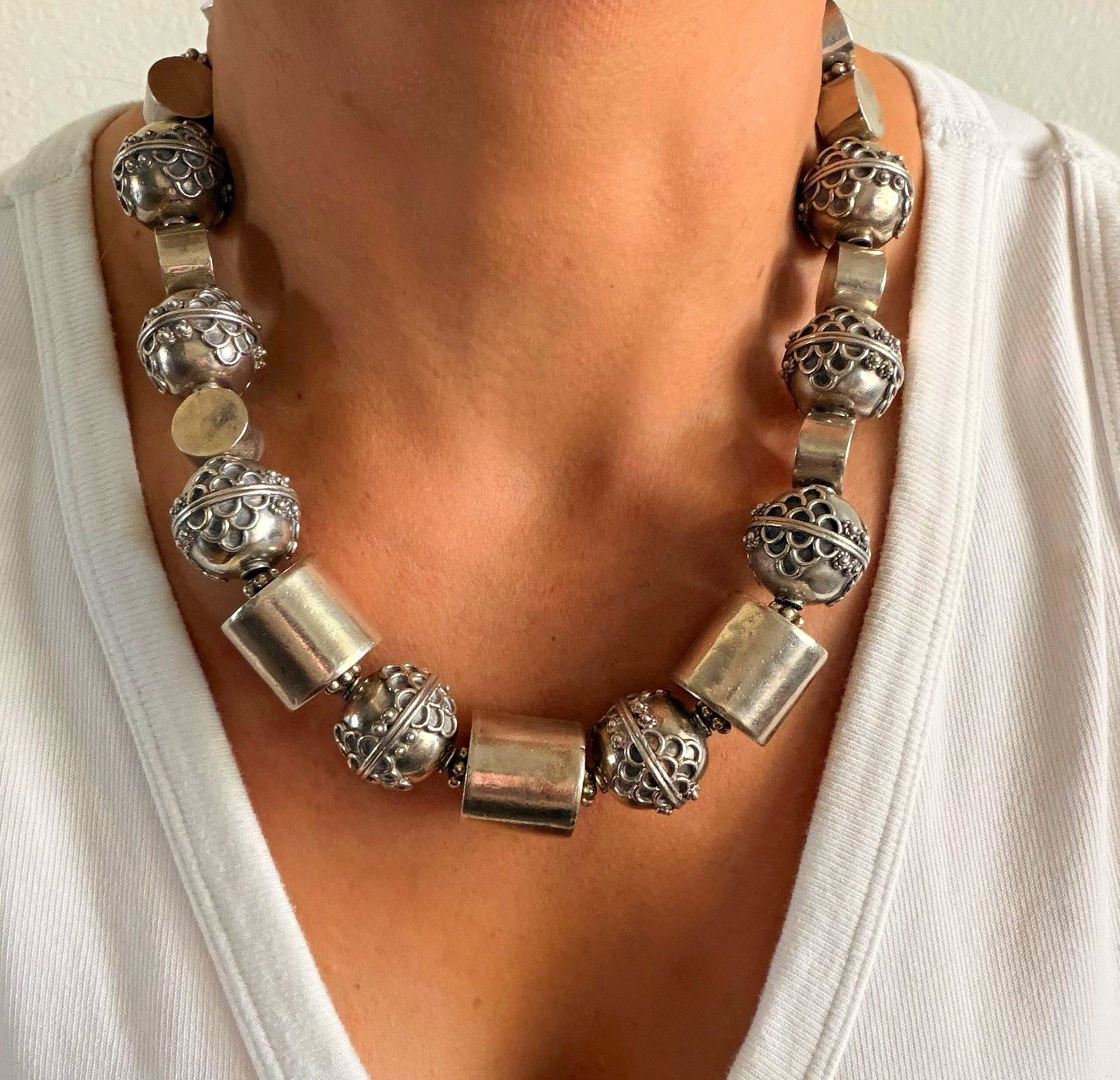 Vintage Sterling Silver 925 Statement Barrel Bead Necklace 132.5 grams