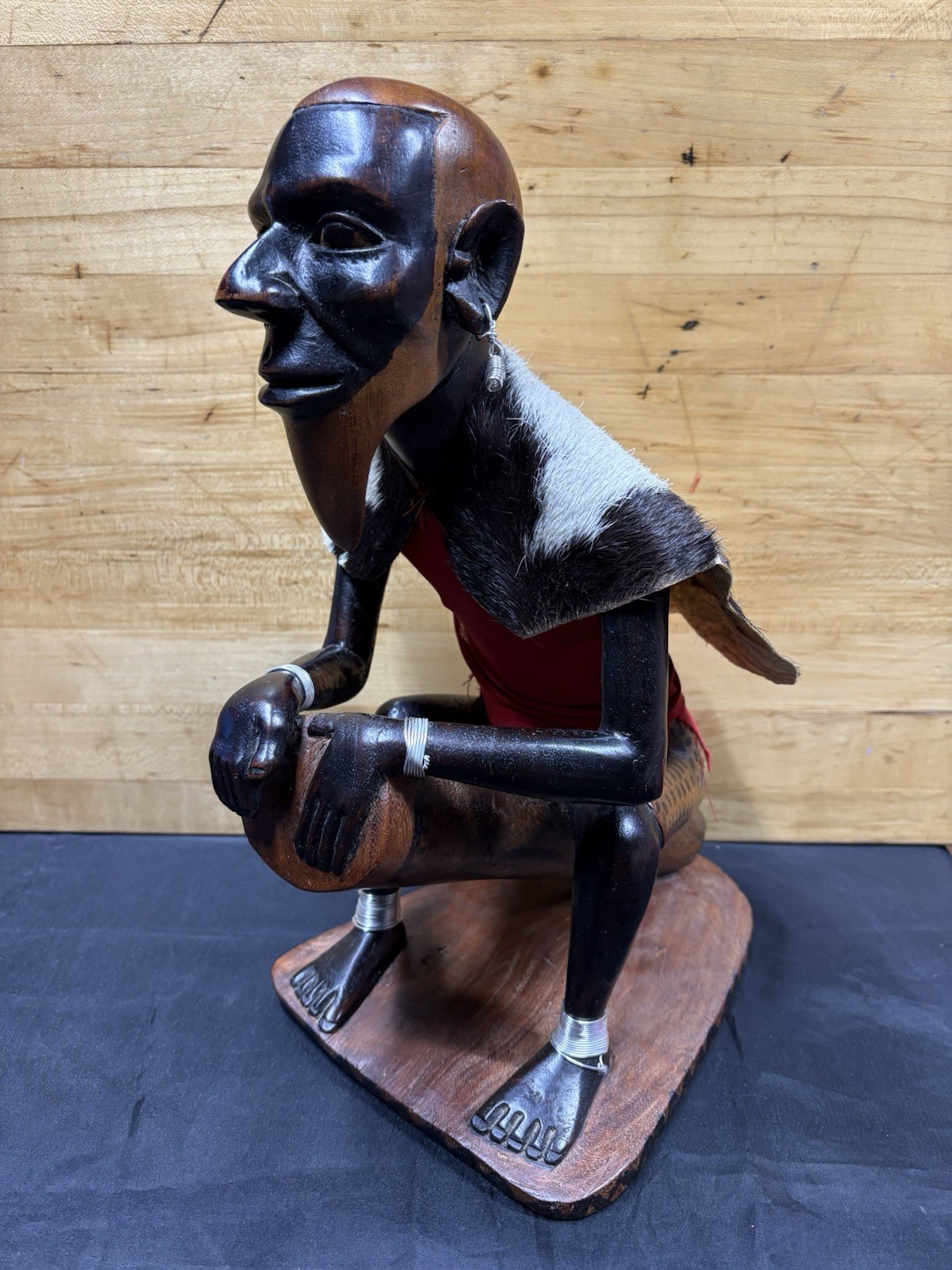 Vintage Hand-Carved Wooden Folk Art Sculpture of a Seated African Drummer 14.5”