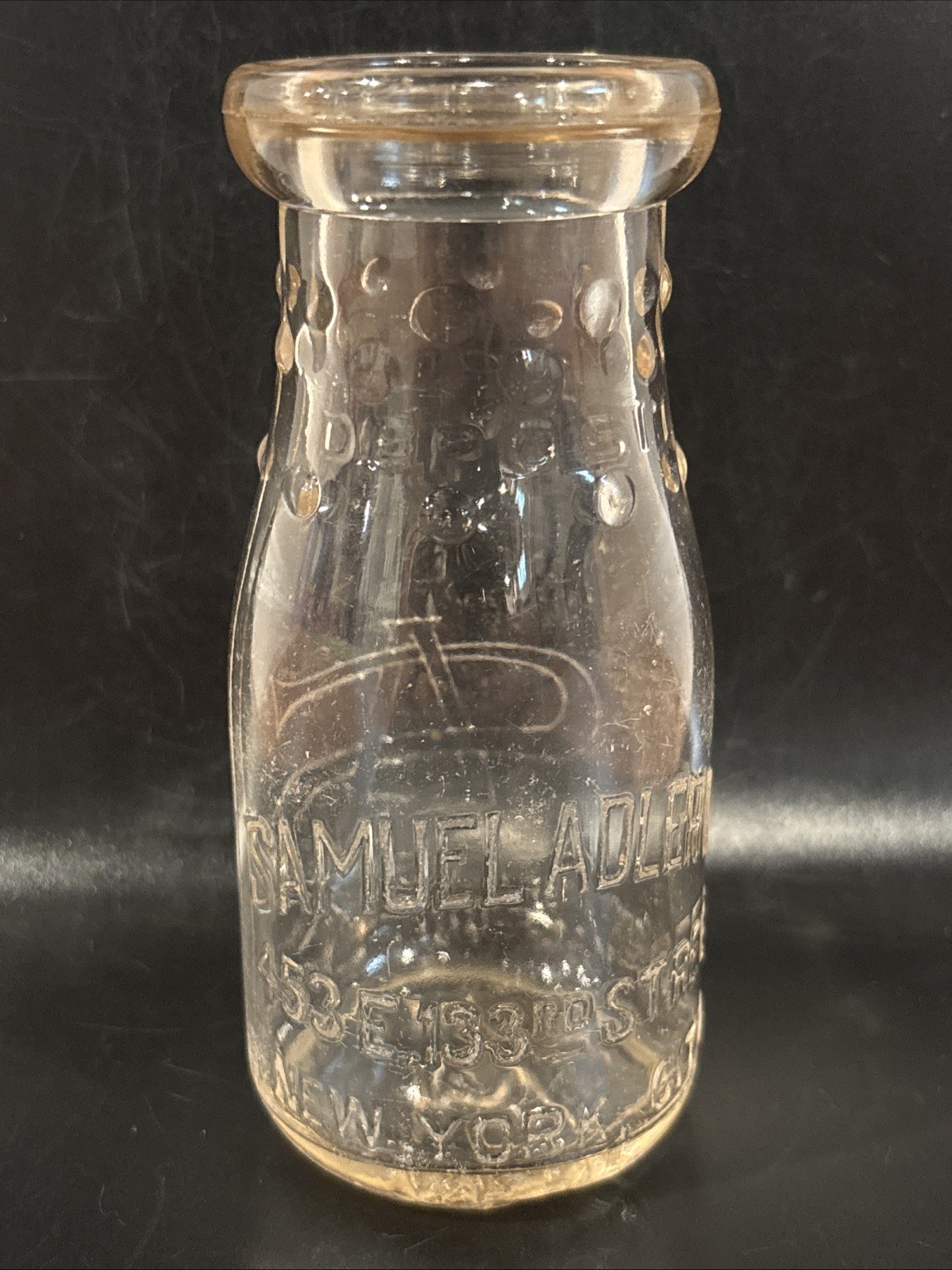 1950s Samuel Adler Dairy Half Pint Milk Bottle 133rd Street New York City, NY