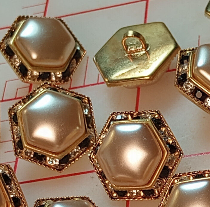 5 Fine Vintage Czech Shank Button Hexagon Pearl Tiny Rhinestones Clear Blue 3/4
