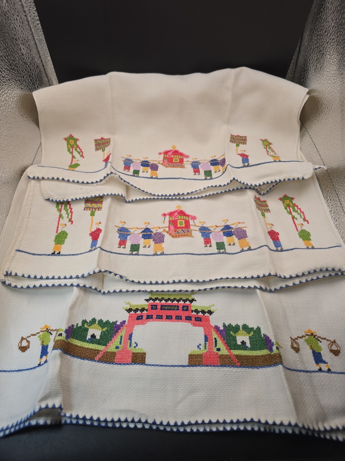 VTG 3 Japanese Linen Stitched Hand Towels Embroidery