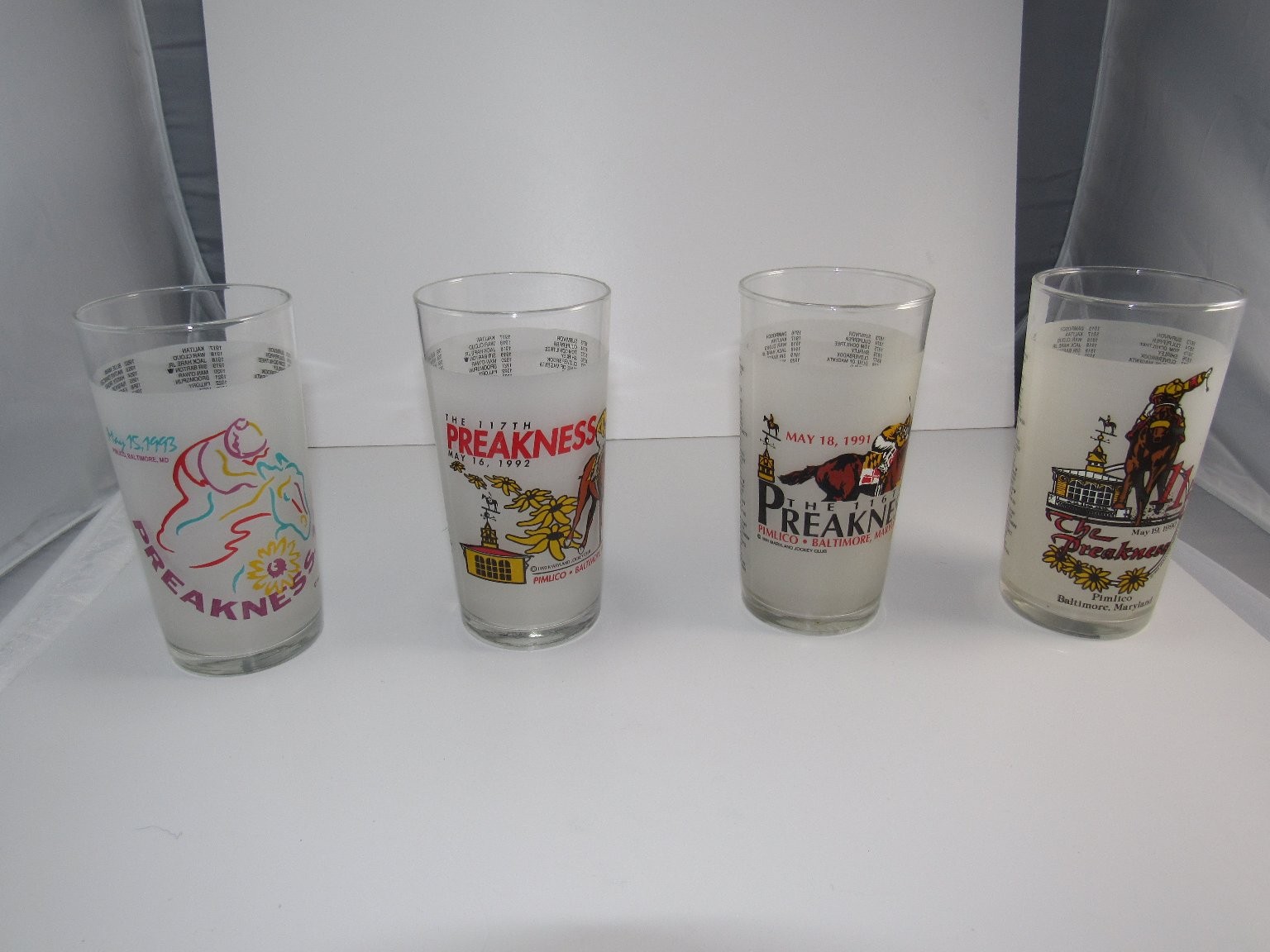 Preakness 1990-1993 Glasses Set 4 Baltimore Maryland Racing Logo