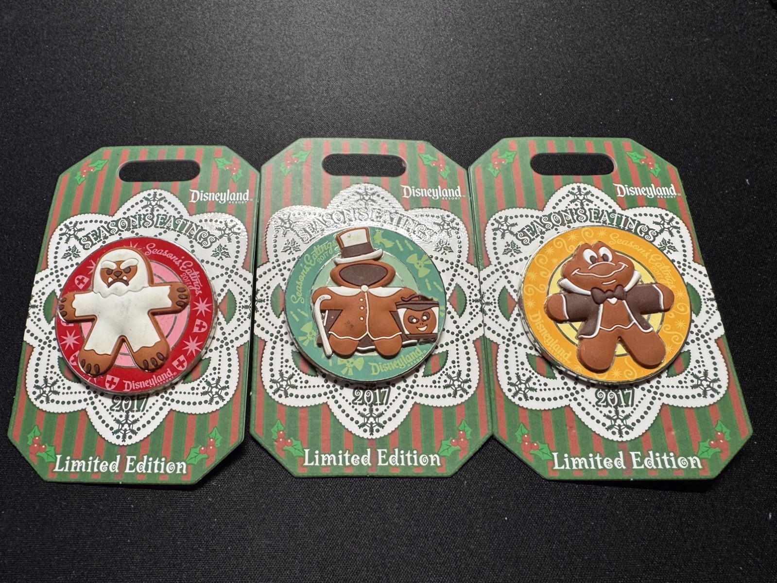 DLR Season's Eatings 2017 Gingerbread Pin Set Of 3 Yeti Hatbox Ghost Mr Toad