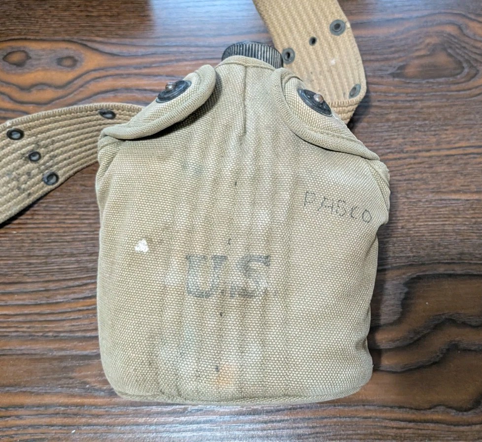 WWII US Army Canteen Set Rig 1941 1942 1943 Named M1936 Pistol Belt M1910 Cover