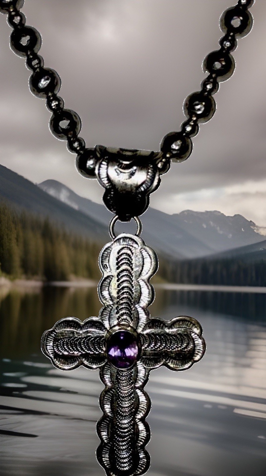 Amethyst Stamped Cross Pendant Sterling THE METROPOLITAN MUSEUM Ball Beads 40gms