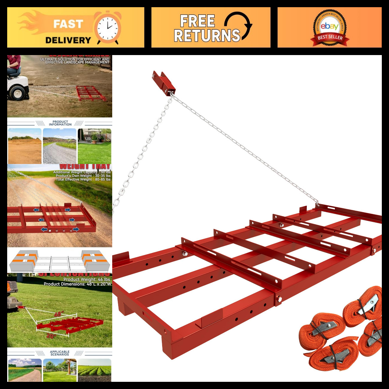 4ft Heavy Duty Drag Harrow for ATV, UTV, Tractor - Adjustable Tow Behind Levelin