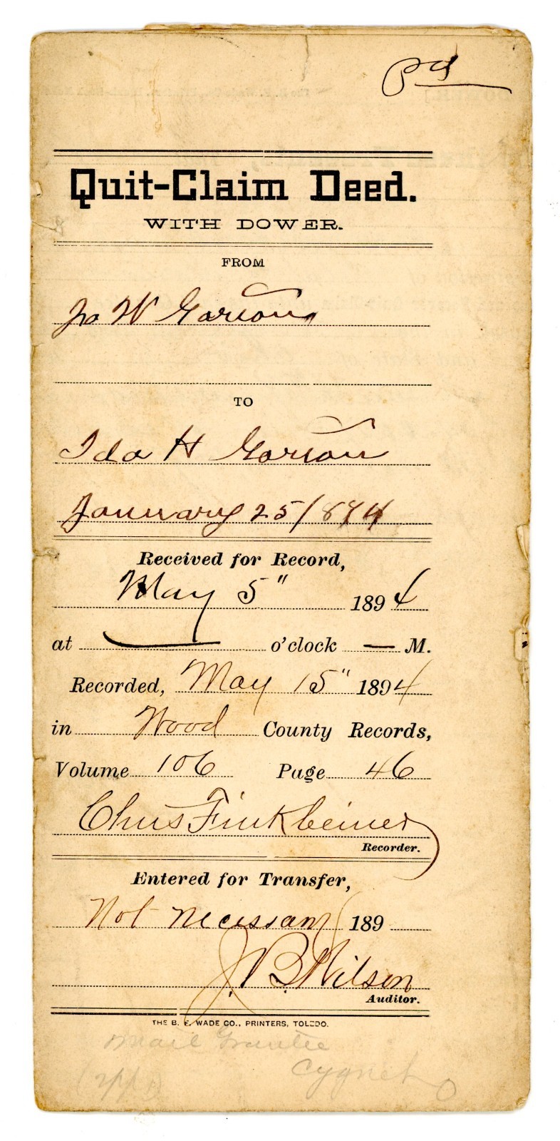 1894 Quit-Claim Deed J.W. Garvin to Ida H. Garvin Wood County, Ohio