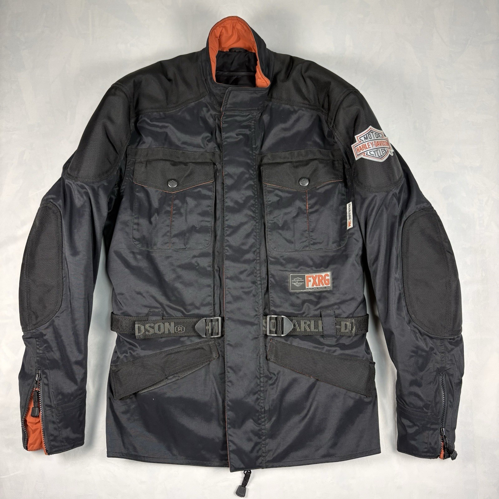 Y2K Harley Davidson FXRG Motorcycle Jacket Mens Small Black Orange Textile Liner