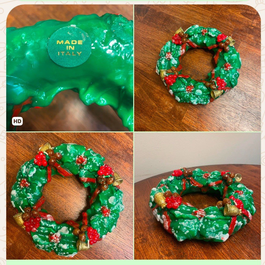 Vintage Italy Wax Christmas Wreath Candle Holly Berry Bell Holiday Decor ~9” HTF
