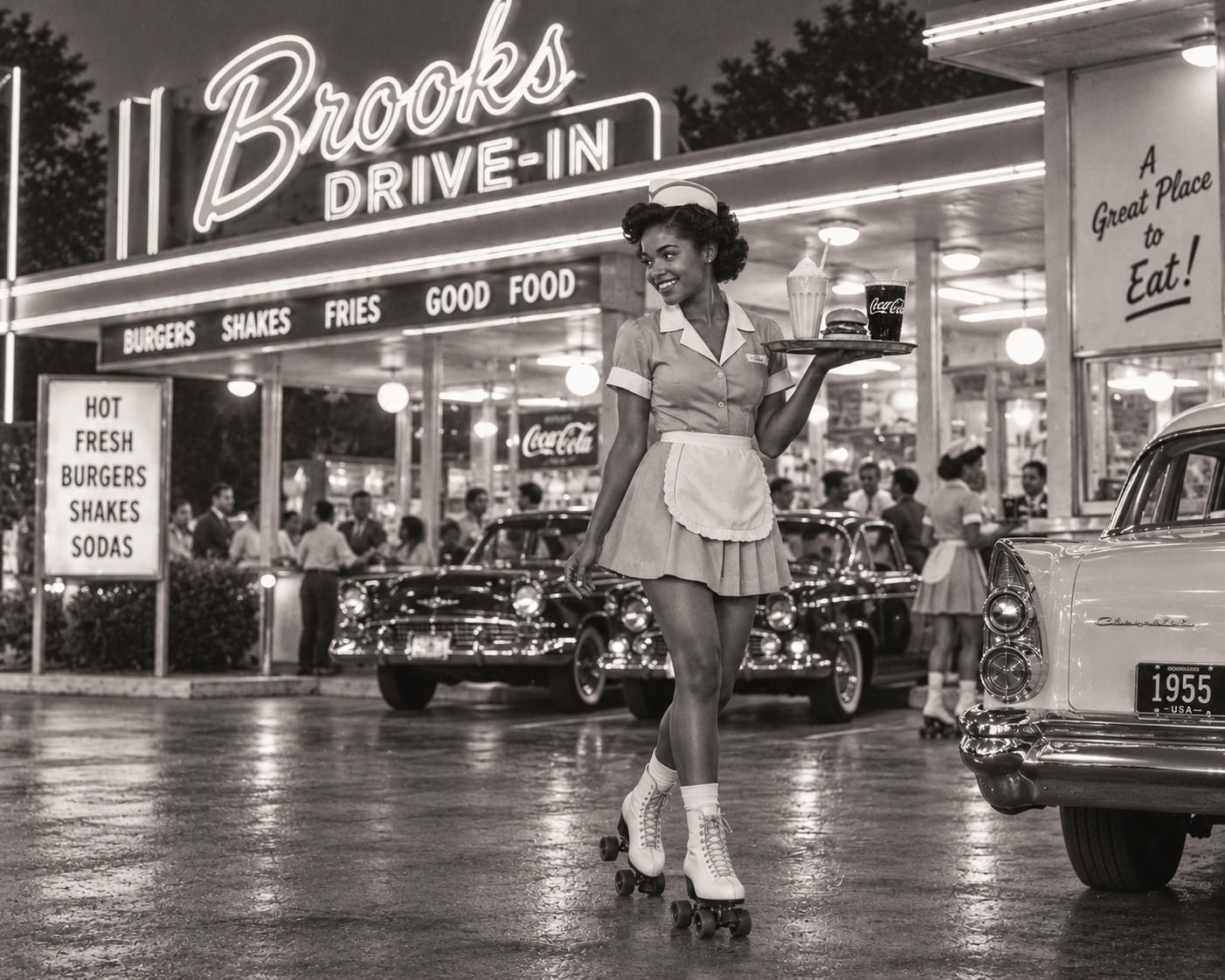 African American Drive In 1950s Girl On Roller Skates Muscle Cars 8 x 10 Photo