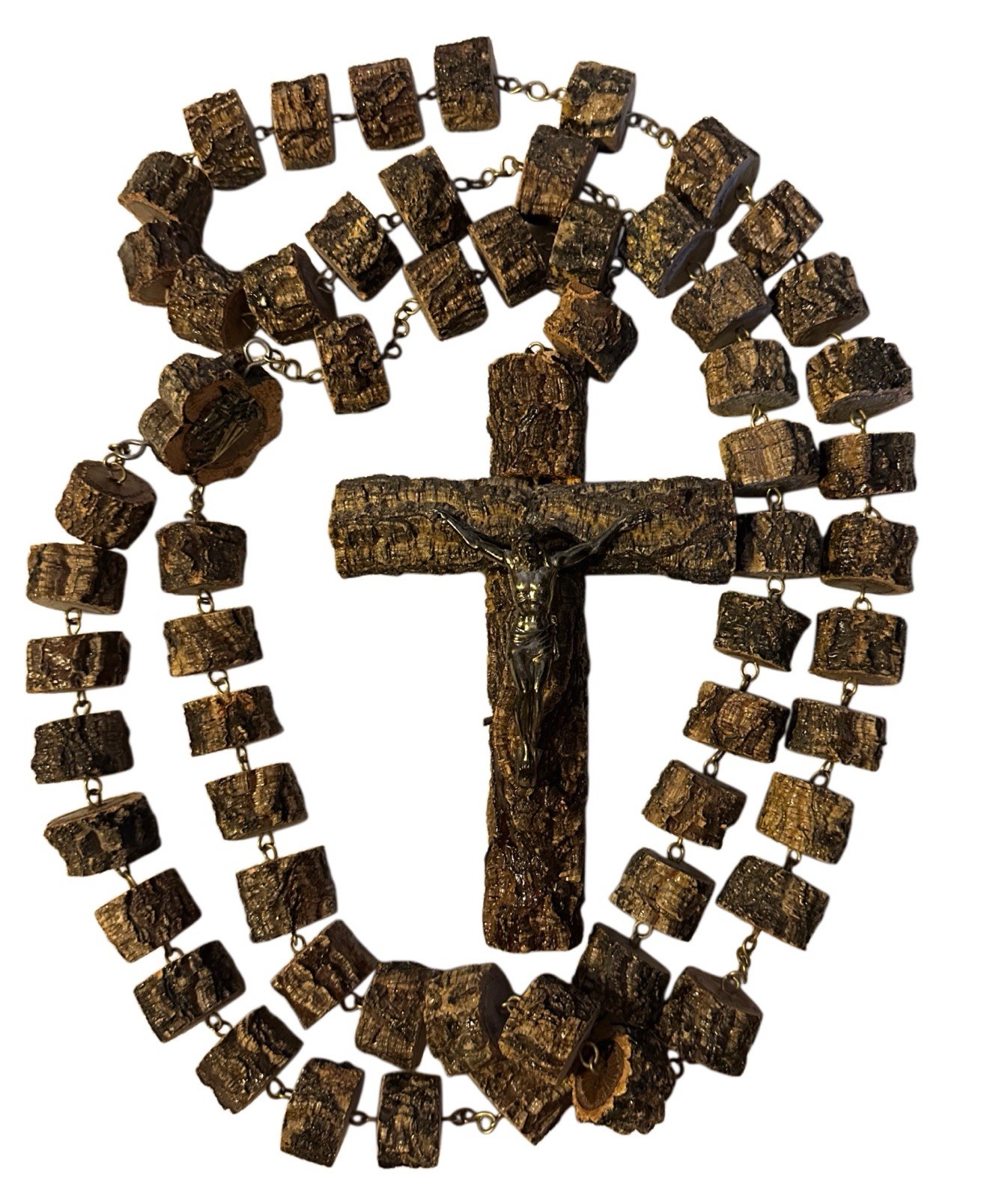 Vintage Fatima Wall Rosary Bark Wood Beads 66” Chain 8” Crucifix