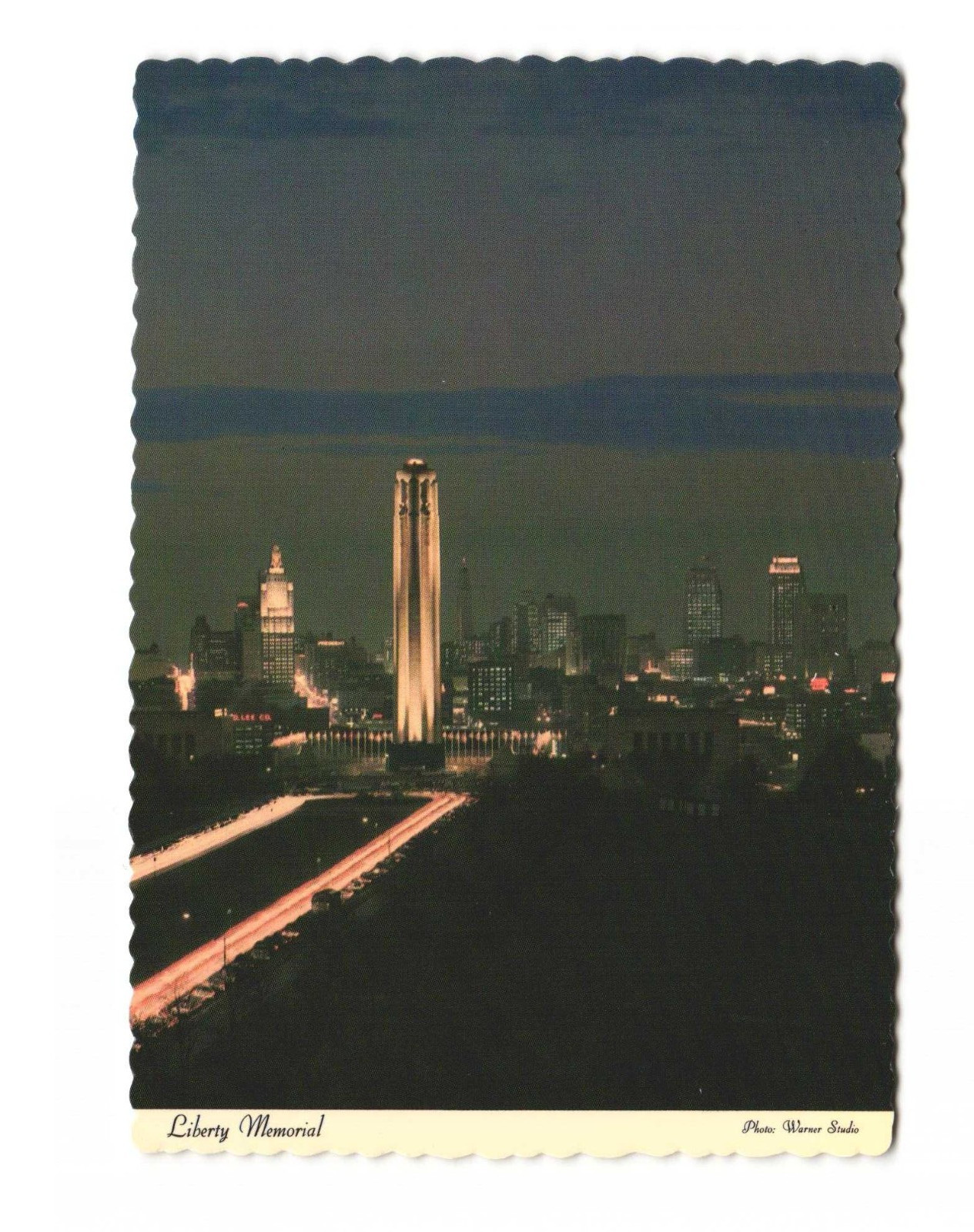 Liberty Memorial, Night scene magnifies the beauty of this memorial VTG postcard