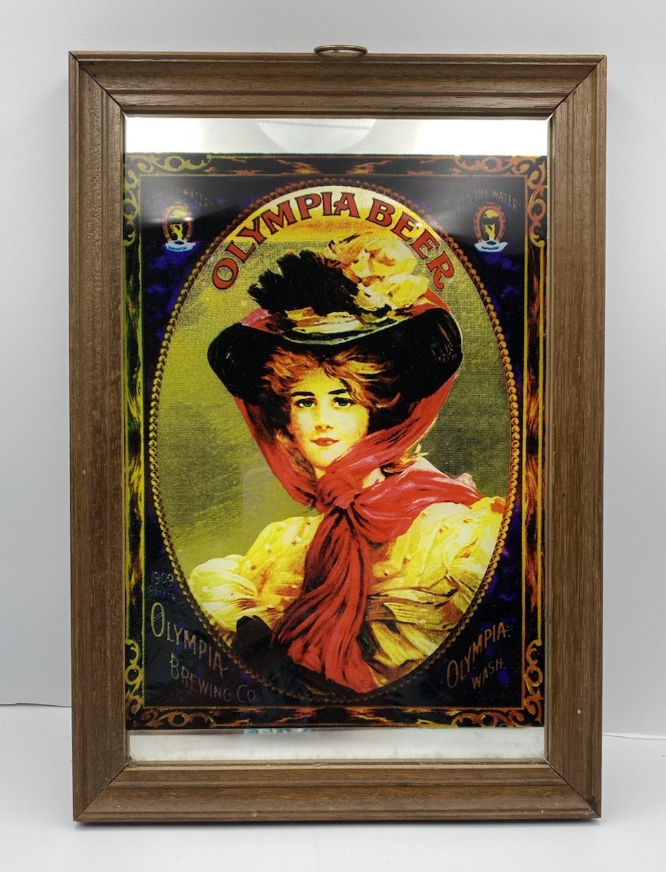 VTG OLYMPIA Beer Brewing Co. Mirror Lady W/Hat Made In England 9x13