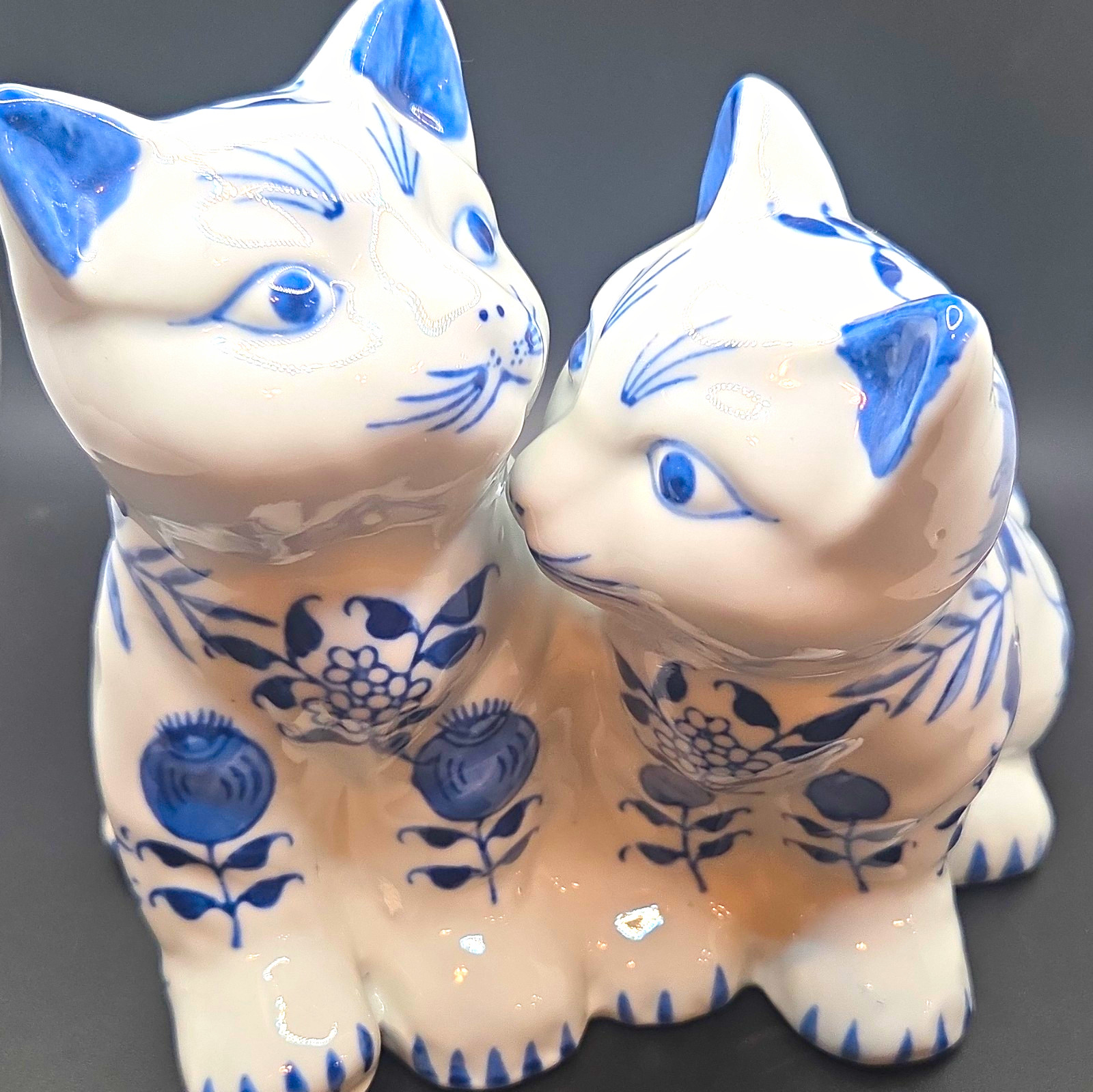 Vintage Formalities by Baum Bros. Blue & White Ceramic Cat Pair Figurine Floral