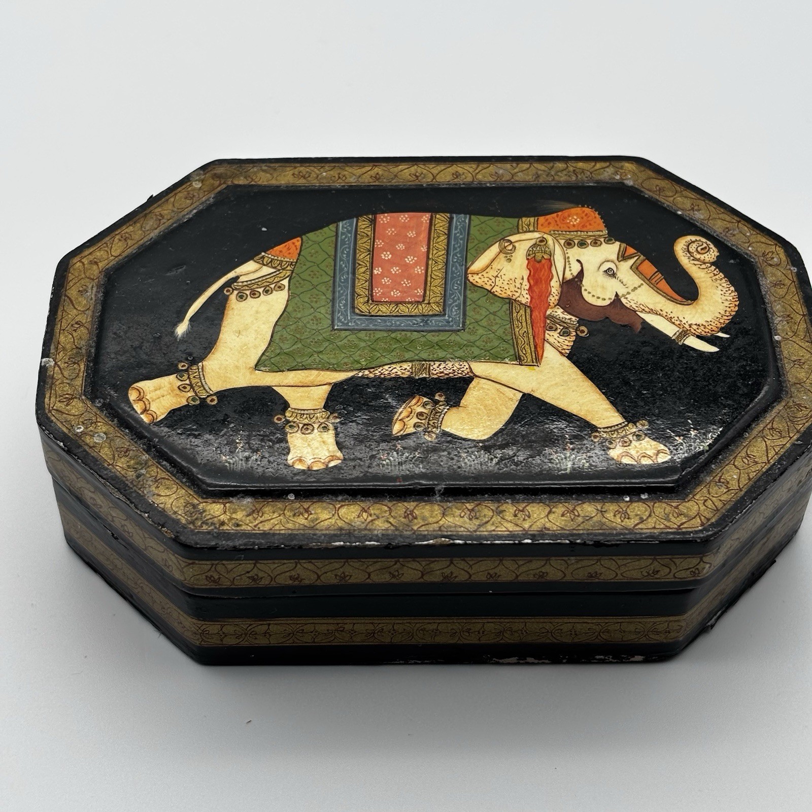 Vintage Asian Black Lacquered Box with Elephant Design 4.5” By 3”