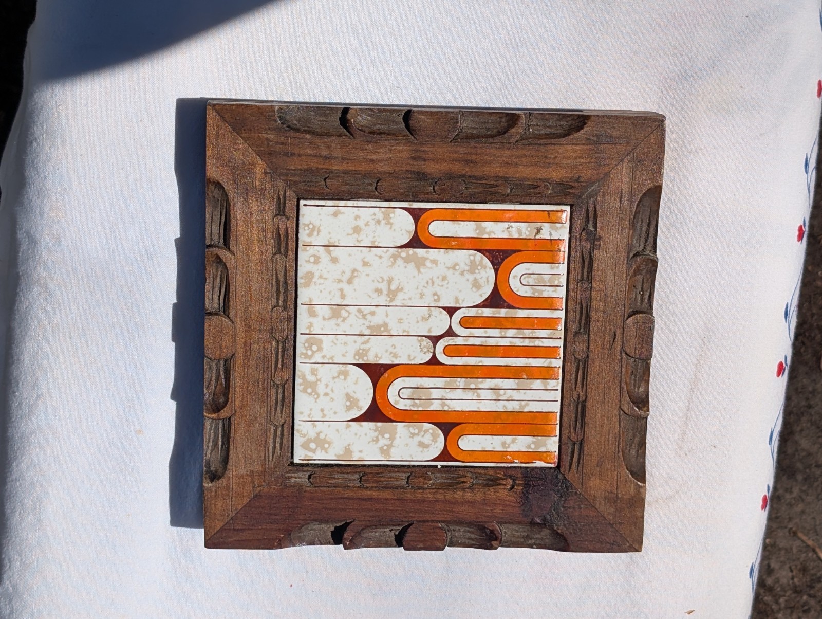 Framed Handmade 1975 Abstract Geometric Ceramic Tile, Wood Frame, 7x7 in