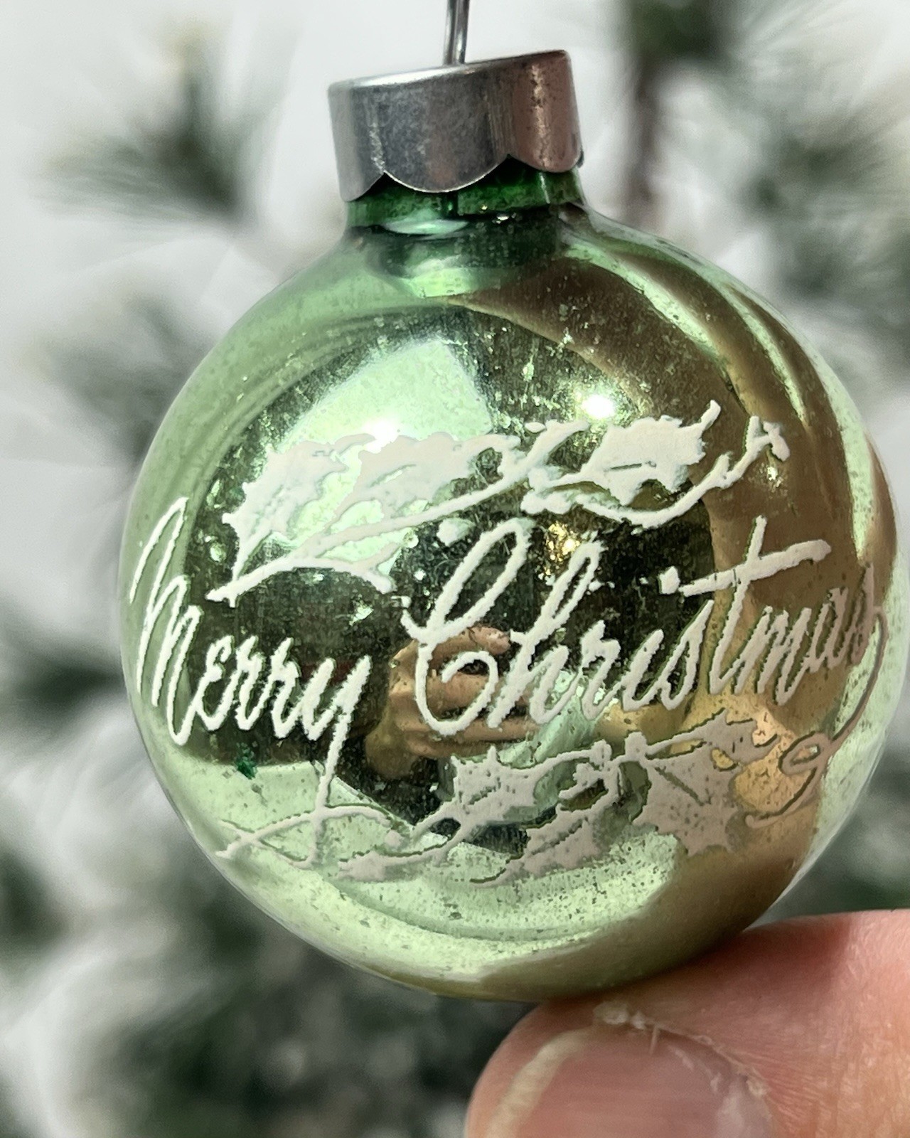 Vintage Shiny Brite Merry Christmas Holly Green Glass Round Ball Ornament 