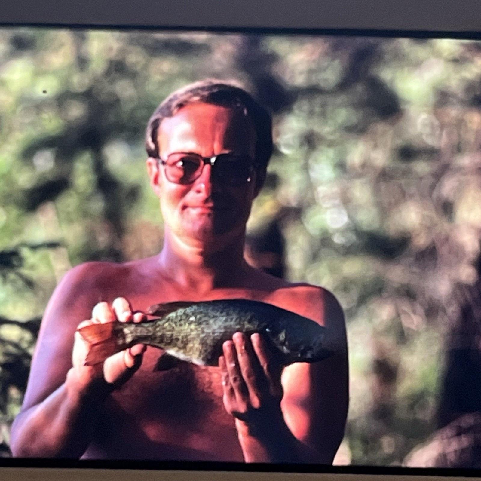Vintage 35 mm Slide Photo Strange Creepy Man Holding Fish -- A2