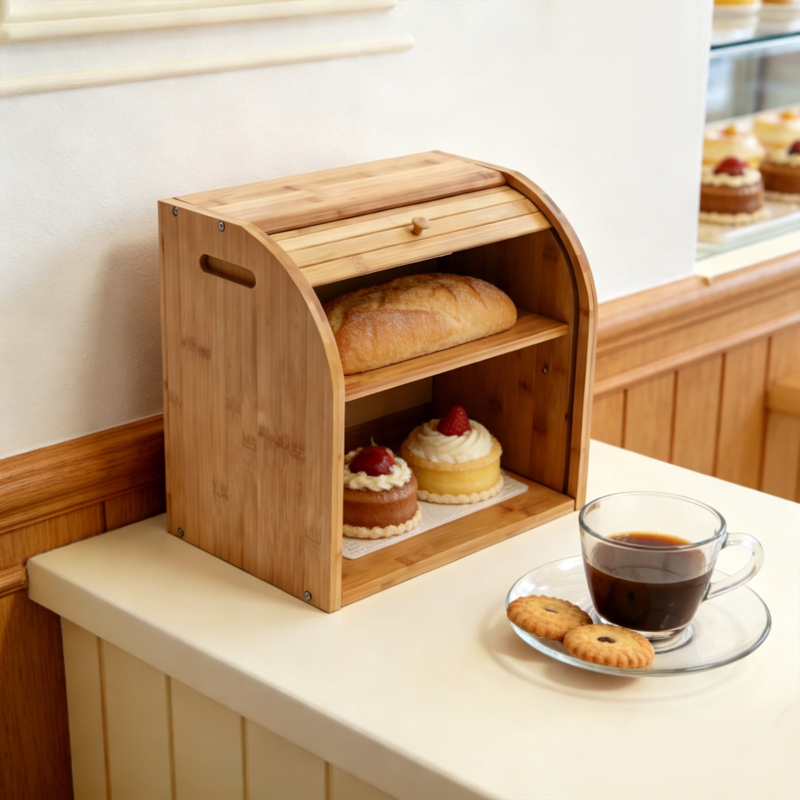 2-Layer Bread Box Bread Keeper Bamboo Wood With Lid Kitchen Storage Containers