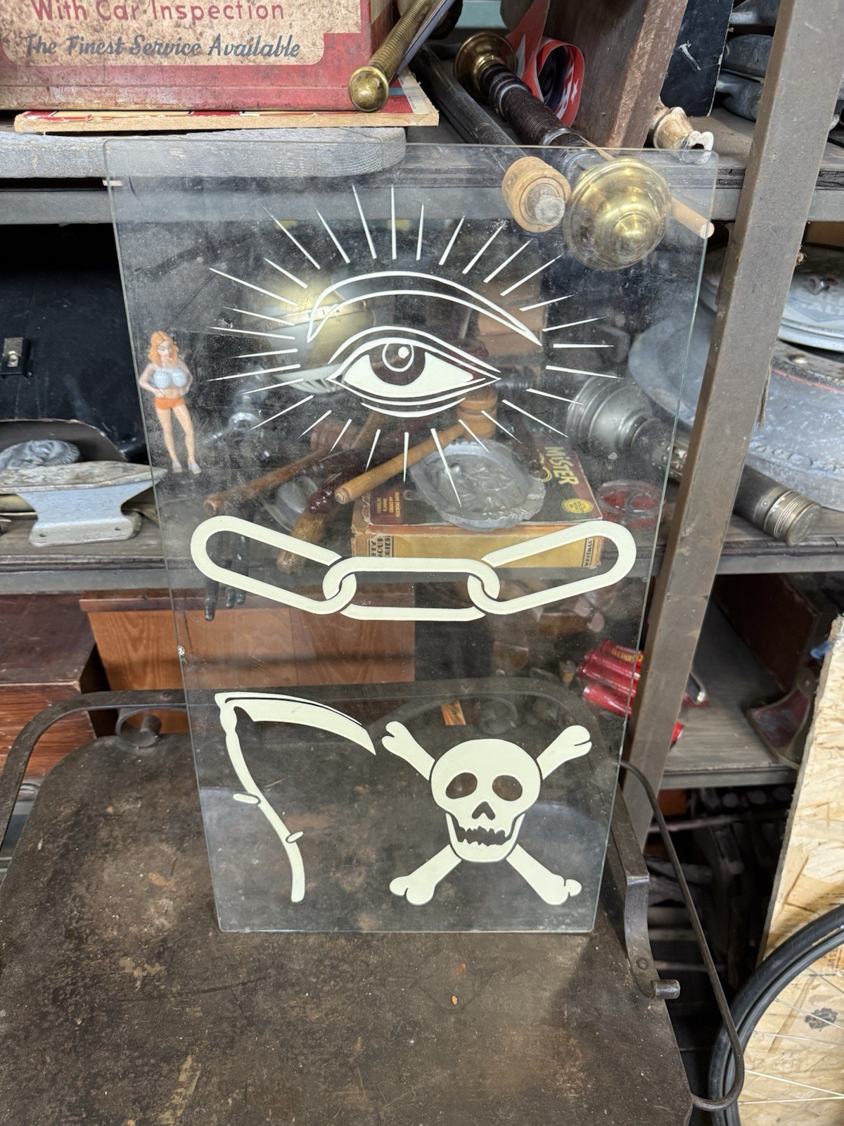 1920s Skull Death Fraternal Odd Fellows Etched Glass Antique Eye Skeleton
