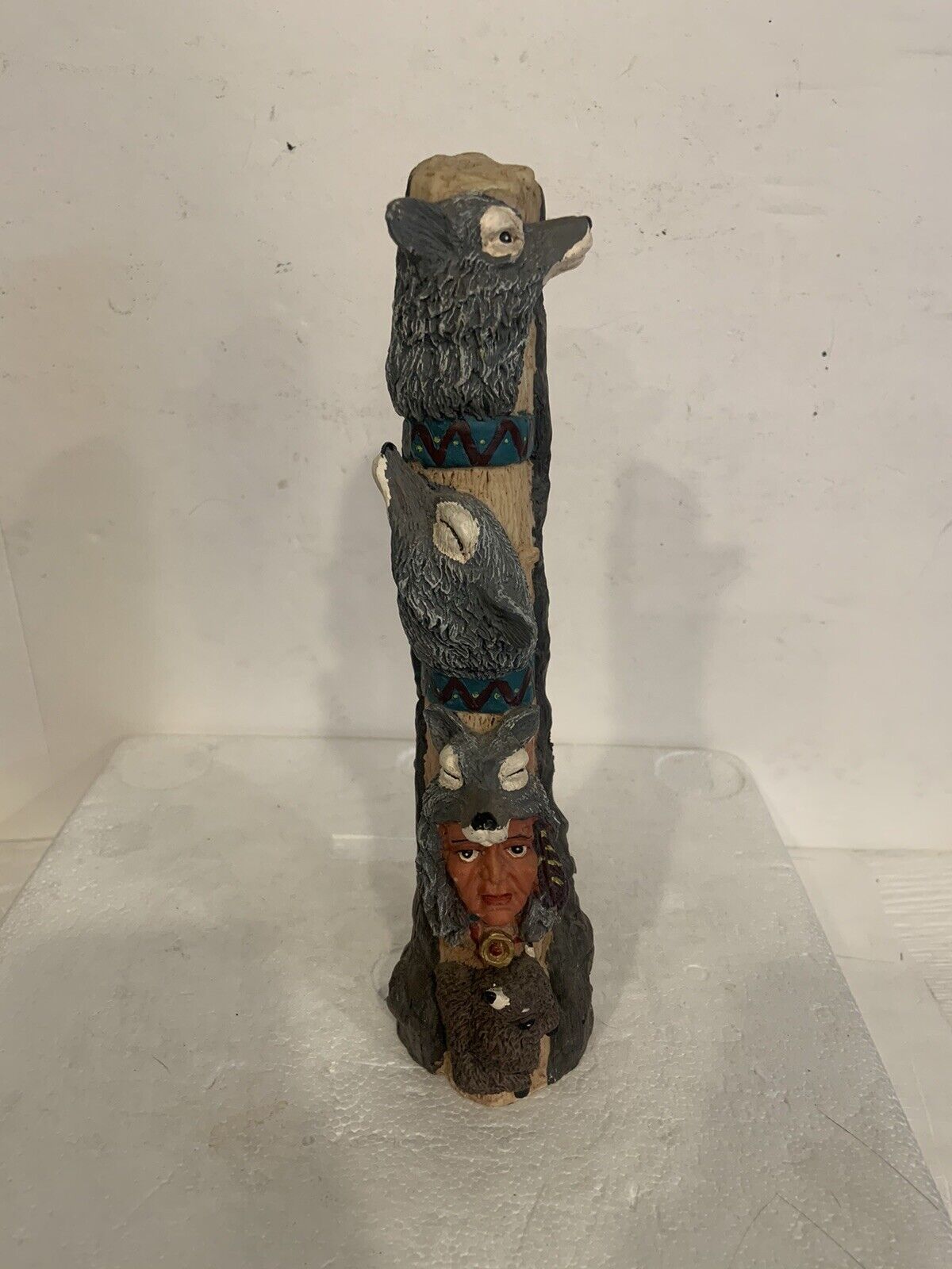 Vntg Wolf Native Indian Style Totem Pole 10” Figurine Heavy Resin RARE See Photo