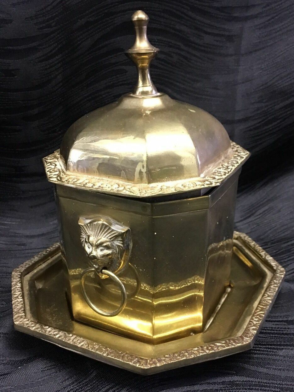 Atq Vtg Brass Hinged Lidded Box with Matching Tray Lion Head Ring Handles Rare