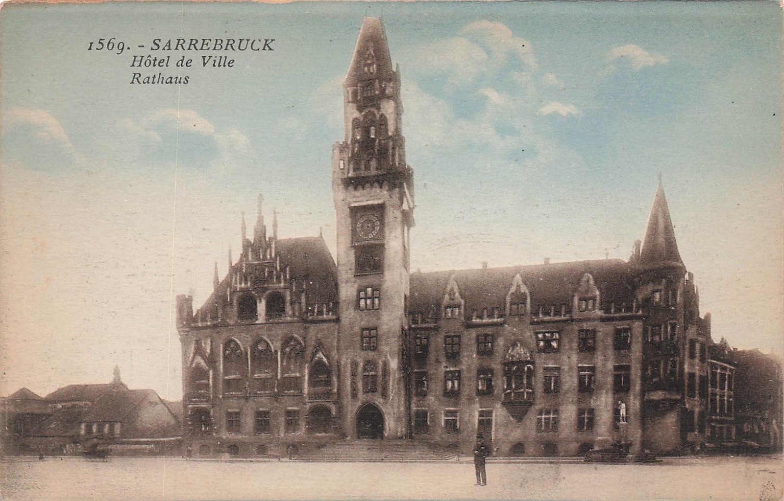 Postcard Saarbrücken (66111), City Hall (Hôtel de Ville), lithograph
