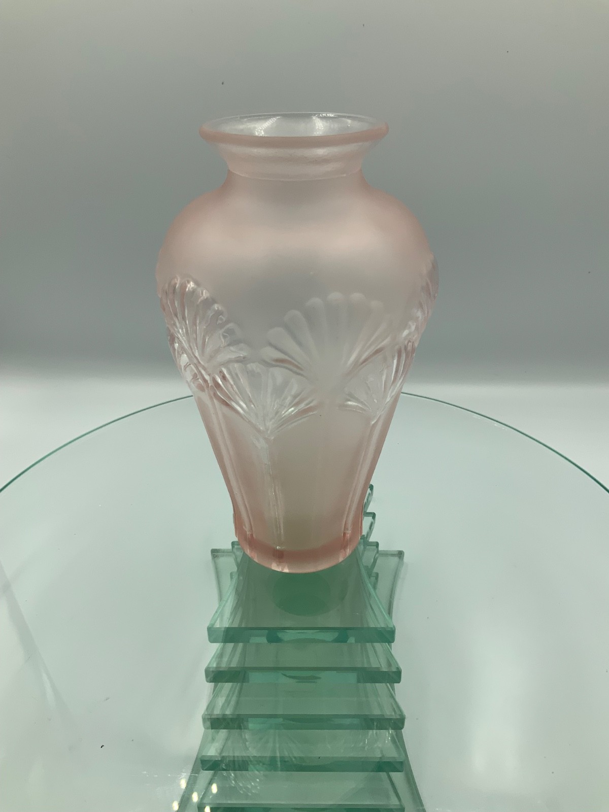 VTG ART DECO 80’S REVIVAL Frosted Pink Glass Vase 6” x 2” Embossed Palm trees