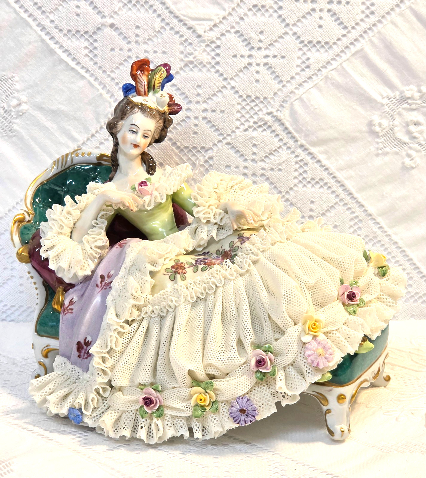#5 Figurine German Dresden Lace Lady Laying on a Chaise 5\