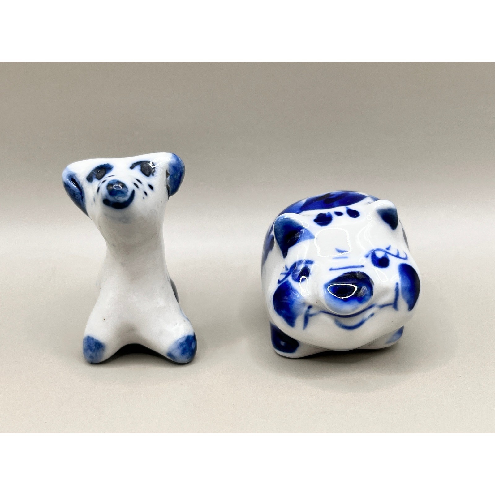 Vtg 1991 Gzhel Russian Porcelain Dog Pig Miniature Figurines Blue White 1.75\